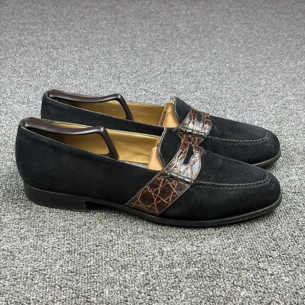 Moreschi Black Suede Penny Loafers Croc Style Strap Vibram Sole Italy Size 10
